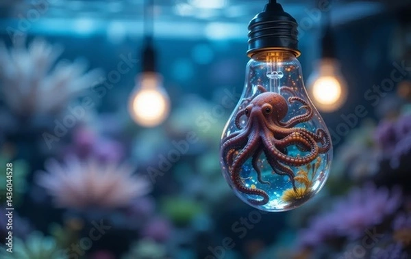 Fototapeta A hanging lightbulb with an octopus inside, surrounded by aquarium decorations.