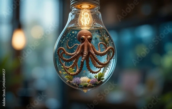 Fototapeta A hanging lightbulb with an octopus inside, surrounded by aquarium decorations.
