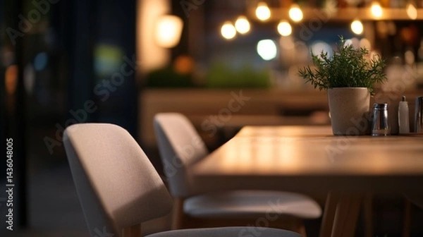 Fototapeta Modern dining space with elegant chairs, warm lighting creating inviting atmosphere, perfect for gatherings and meals.