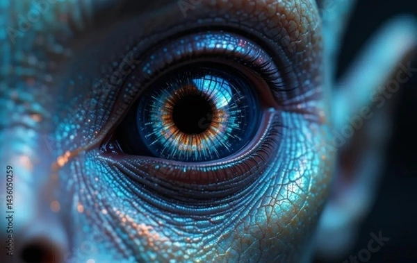 Fototapeta A close-up of an alien's eye with iridescent skin and intricate facial features