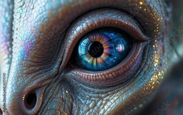 Fototapeta A close-up of an alien's eye with iridescent skin and intricate facial features