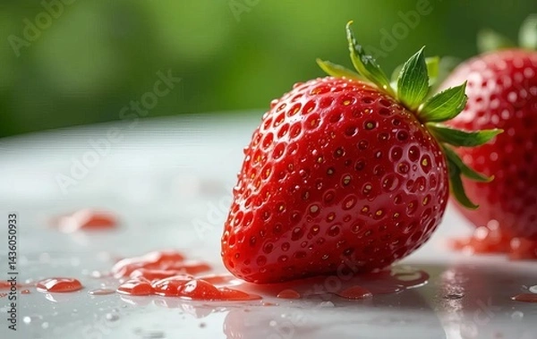 Fototapeta A close-up photo of a fresh strawberry with water droplets on it, placed on a white surface with a green background.