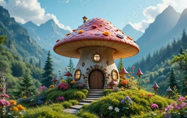 Fototapeta A miniature mushroom house nestled in a lush green landscape with mountains and forests in the background.