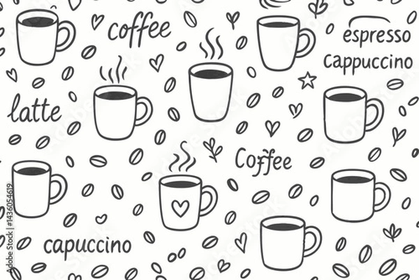 Fototapeta Hand drawn coffee doodle seamless pattern vector. Black and white sketch background with cups, mugs, beans, latte, espresso, cappuccino text. Ideal for cafe menus, wallpaper, or fabric prints.