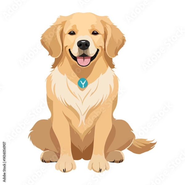 Fototapeta Happy golden retriever cartoon illustration sitting and smiling, adorable friendly dog with fluffy fur and a blue tag, Vector Graphic