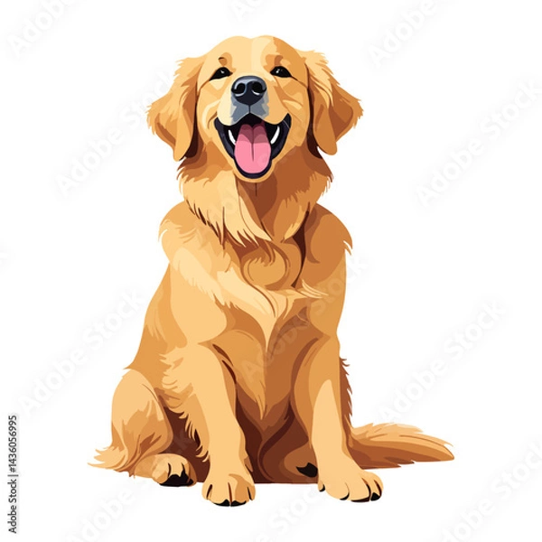 Fototapeta Vector illustration of a happy Golden Retriever sitting and smiling, isolated on white background, perfect for pet-themed designs, prints, and web graphics.