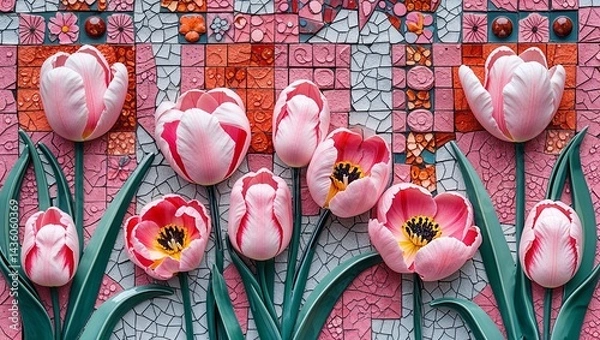 Fototapeta Tulip pink ceramic mosaic abstract design pattern artwork