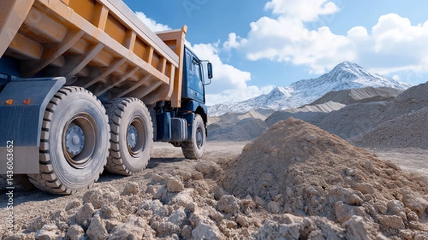 Fototapeta Heavy dump truck fully loaded with soil standing against a large mound of earth in a quarry, symbolizing mining, subsoil use, construction, and the transportation of soil, sand and gravel.