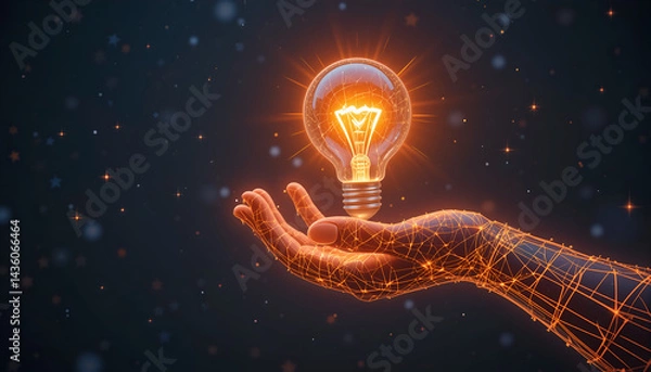 Obraz Futuristic Glowing Wireframe Hand Holding a Bright Light Bulb