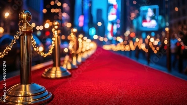 Fototapeta Red carpet rolling out in front of glamorous movie premiere background