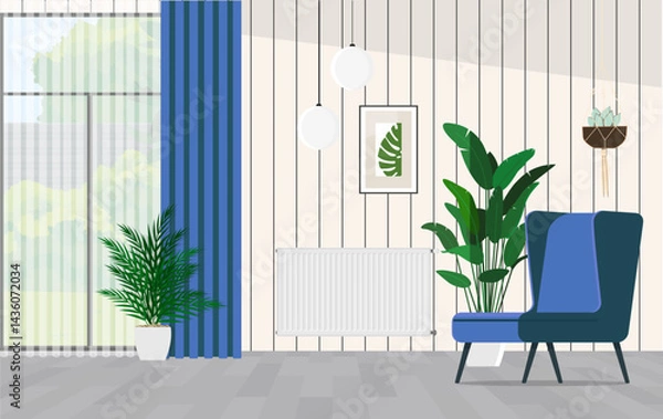 Fototapeta Living room with large window and blue armchair and white heating radiator on wall. Central heating system.