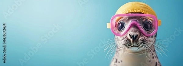 Obraz Lustige Robbe mit Schwimmbrille und Badekappe