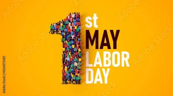 Obraz Happy labor day concept poster. Large group of people stands in the shape of the number 1. 1st of may.