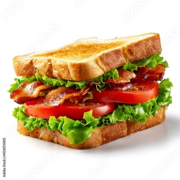 Fototapeta A delicious BLT sandwich with crispy bacon, fresh lettuce, and ripe tomato slices between two pieces of toasted bread. Isolated on a clean white background