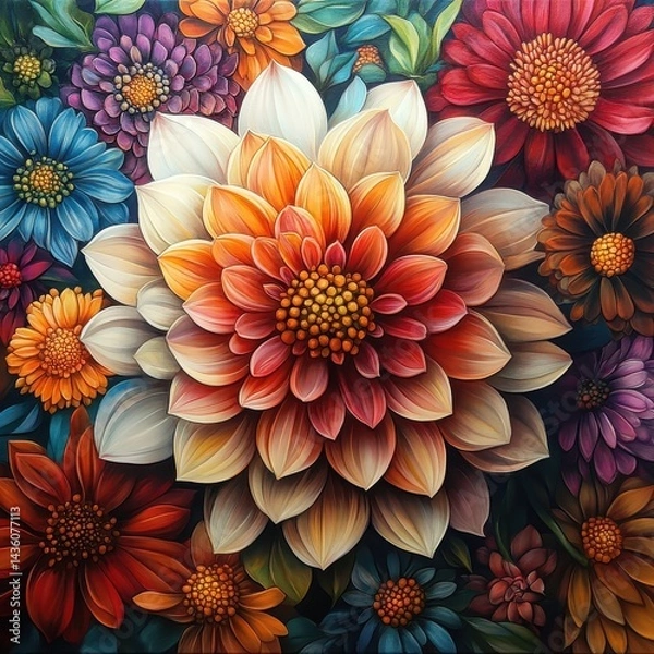 Fototapeta Vibrant Floral Pattern with Colorful Flowers and Petal Details
