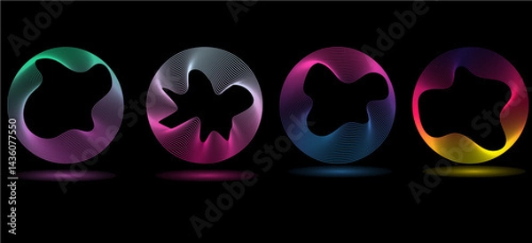 Fototapeta Technology concept set of colorful creative circles round curve shape with wavy dynamic lines isolated on a black background. Round circle line blend with different tone neon color.