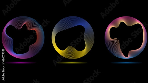 Fototapeta Technology concept set of colorful creative circles round curve shape with wavy dynamic lines isolated on a black background. Round circle line blend with different tone neon color.