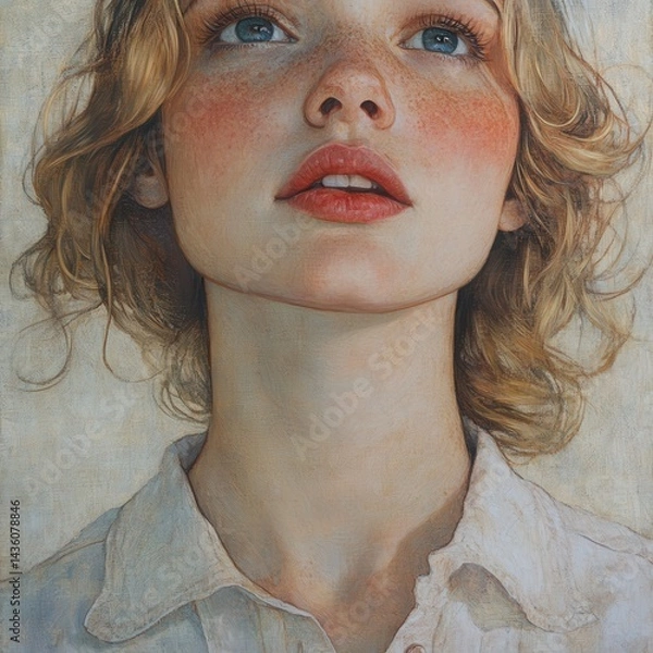 Fototapeta Portrait of Young Woman with Freckles and Soft Expression