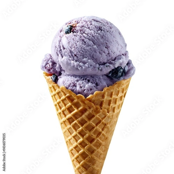 Fototapeta A delicious scoop of blueberry ice cream in a waffle cone, isolated on a clean white background