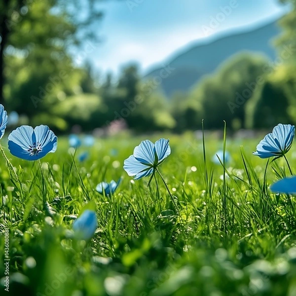 Fototapeta Delicate blue flowers in a grassy meadow under a bright sky. Lush green grass surrounds vibrant blossoms. Peaceful serene natural scene
