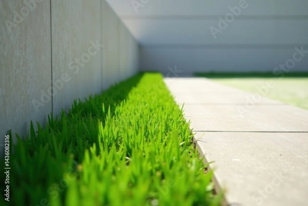 Obraz Vibrant Green Grass Bordering a Modern Concrete Pathway in a Sunny Outdoor Setting