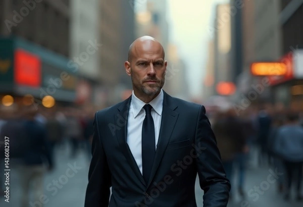 Fototapeta bald man in a suit walking through a busy city street. motion blur around (3)
