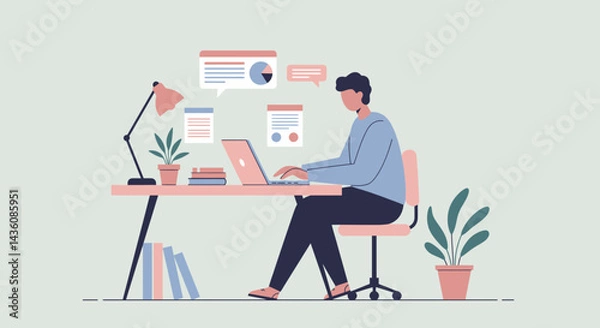 Fototapeta Stylized Desk Scene with Laptop Lamp Plant Books and Floating Speech Bubble