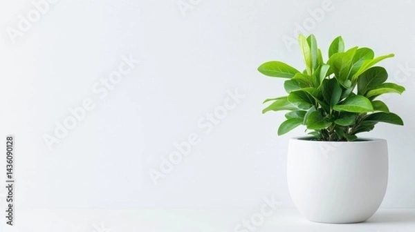 Fototapeta Green Plant in White Pot Minimalist Style Bright Lighting, Close-up Side View, Lush Foliage, Simple White Background, Fresh Clean Mood, Ideal for Home Decor Websites