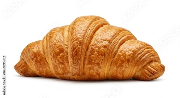Fototapeta A large golden croissant on a pure white background, perfect shape, no blur, studio lighting, high contrast, focus on flaky texture.