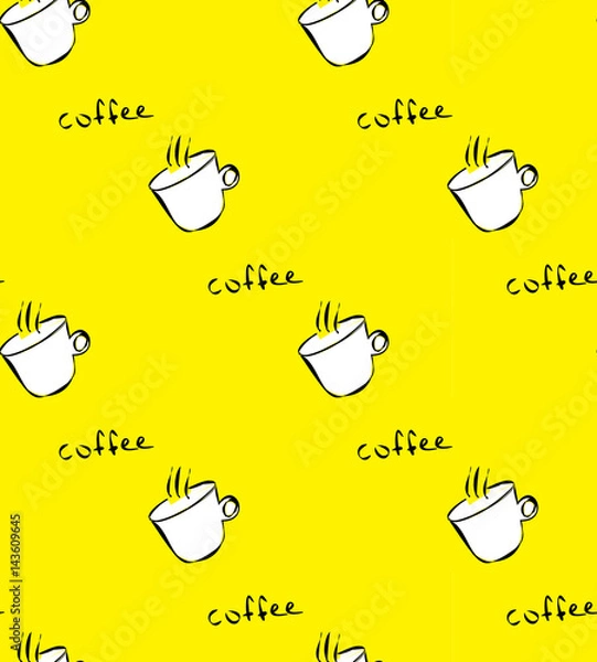 Obraz Seamless pattern with with white coffee cup on yellow background.