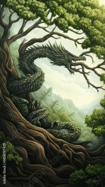 Fototapeta Green dragon coiled around ancient tree, forest backdrop.