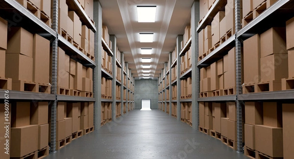 Fototapeta Modern Industrial Warehouse Interior with Tall Shelves and Cardboard Boxes - Logistics and Storage, 3D Rende
