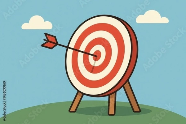 Fototapeta Target with Arrow Hitting Bullseye in Clear Blue Sky Background