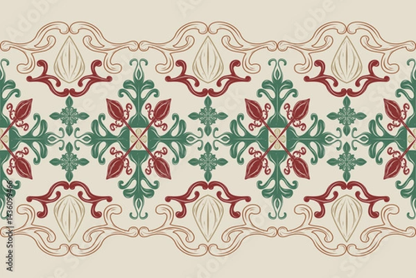 Fototapeta Elegance Greenery Florals Hand Drawing Stripe Luxury Decoration. Timeless Medieval Classy Botanical Garden Style with Maroon Green Brown on Beige Background for Border Pattern Baroque Design Interior