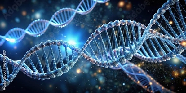 Fototapeta Intricate double helix DNA strands twirling around each other in a mesmerizing dance of molecular complexity, biomolecular dynamics, twisted molecules