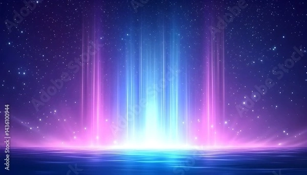 Obraz Ethereal light beams rise from a calm, reflective surface under a starlit sky, creating a vibrant, otherworldly scene