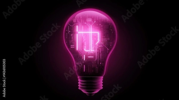 Fototapeta Abstract concept of modern technology: a bright glowing light bulb mockup with a detailed neon circuit board inside, floating in a dark purple atmospheric background.