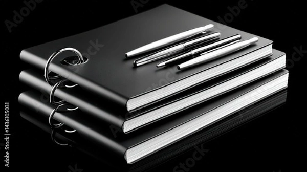 Fototapeta Three black notebooks stacked with pens on a reflective surface