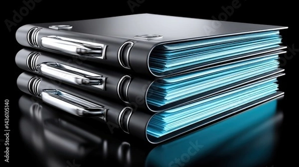 Fototapeta Three Sleek Black Binders with Blue Papers on a Reflective Surface