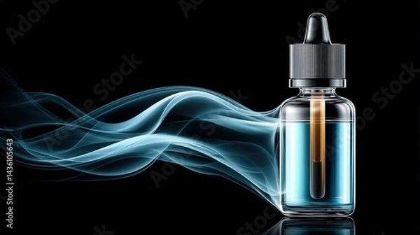 Fototapeta Transparent dropper bottle with blue liquid and flowing smoke effect
