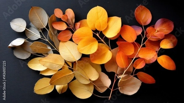 Fototapeta Vibrant Autumn Leaves Display on Dark Background in Various Colors