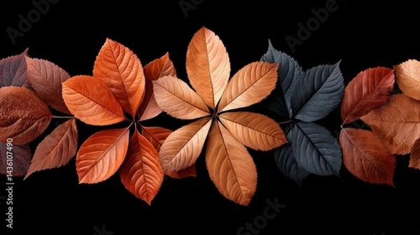 Fototapeta Vibrant Autumn Leaves on Black Background with Unique Patterns