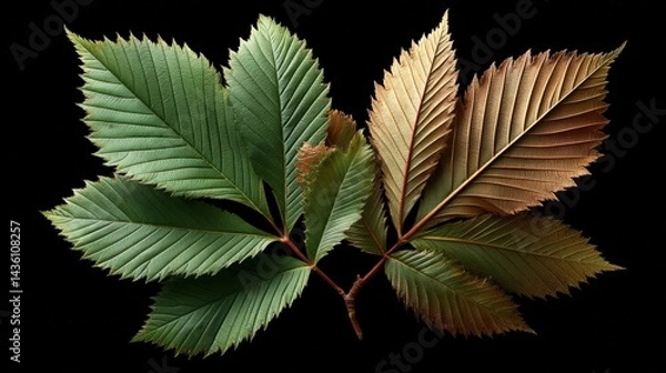 Fototapeta Vibrant Green and Brown Leaves Displaying Autumn Change in Detail