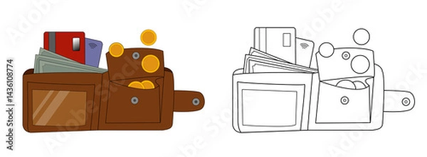 Fototapeta A cartoon illustration of a wallet with money, coins, and cards. A wallet illustration isolated. Finance and money.