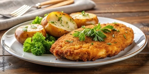 Fototapeta Crispy breaded chicken cutlet on a plate with a side of warm baked potato , crispy, food