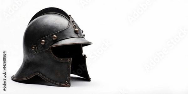 Fototapeta A weathered dark metal helmet, possibly from a bygone era, sits on a pristine white background, showcasing its aged texture and intricate details, hinting at tales of battles long past.