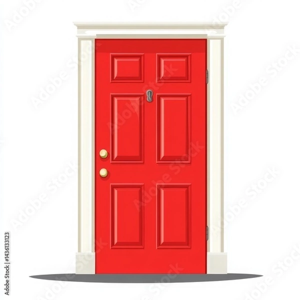 Fototapeta A vibrant red door with a classic design, framed by elegant white trim, standing against a plain background, symbolizing opportunity and new beginnings