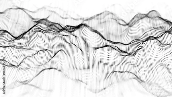 Obraz White smooth halftone wave background. The futuristic abstract texture or network connection backdrop. Big data visualization. 3D rendering.