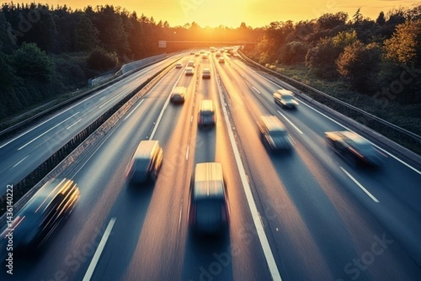 Fototapeta Sunset Traffic on a Busy Highway with Light Trails from Vehicles