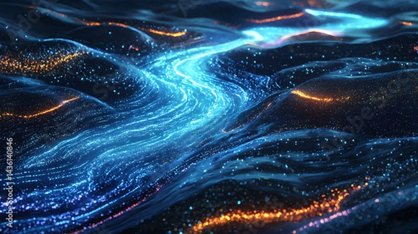 Fototapeta Abstract River of Light: Captivating the essence of a flowing river, transformed into a mesmerizing stream of glowing light and ethereal particles. Evoking a sense of wonder, transformation.